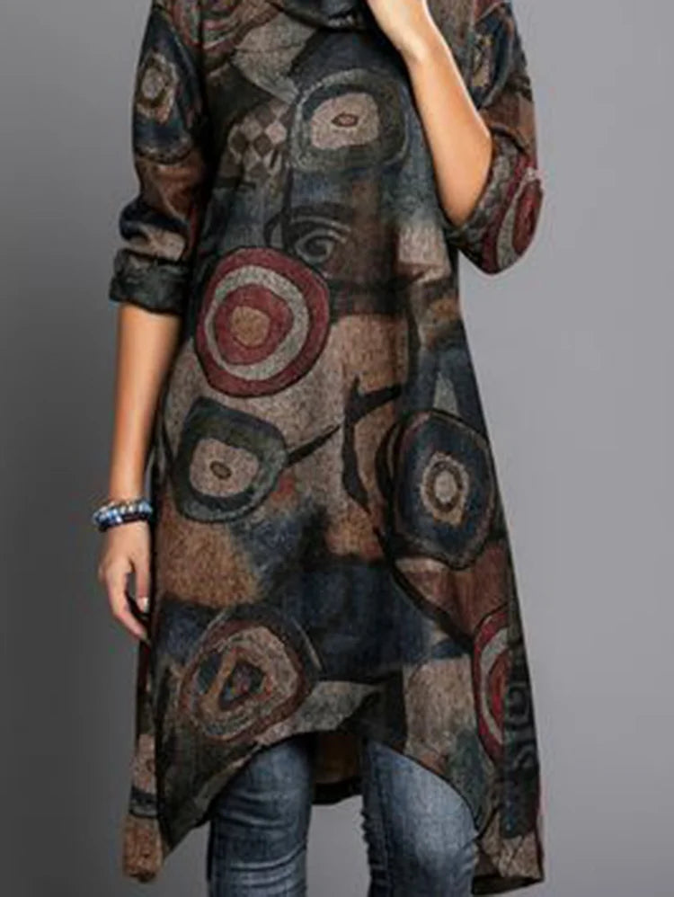 Felicia® | Robe Mi-Longue Asymétrique à Manches Longues avec Motif Graphique Vintage