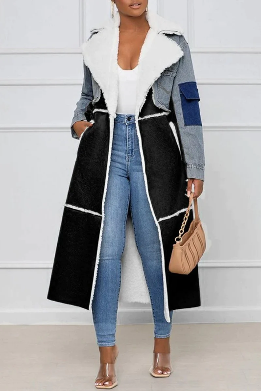Emily® | Manteau décontracté en jean en cuir d'agneau avec col rabattable en fausse fourrure et ceinture