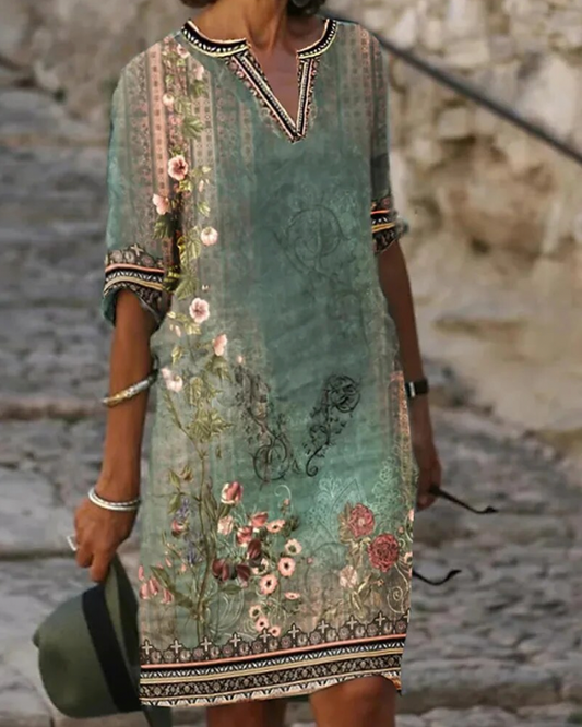 Bianca® |  Robe décontractée à col en V imprimée de style ethnique