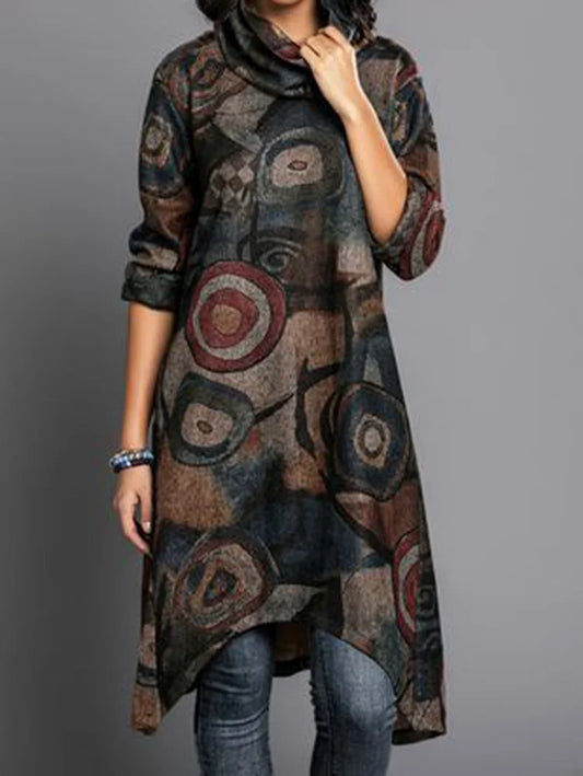 Felicia® | Robe Mi-Longue Asymétrique à Manches Longues avec Motif Graphique Vintage