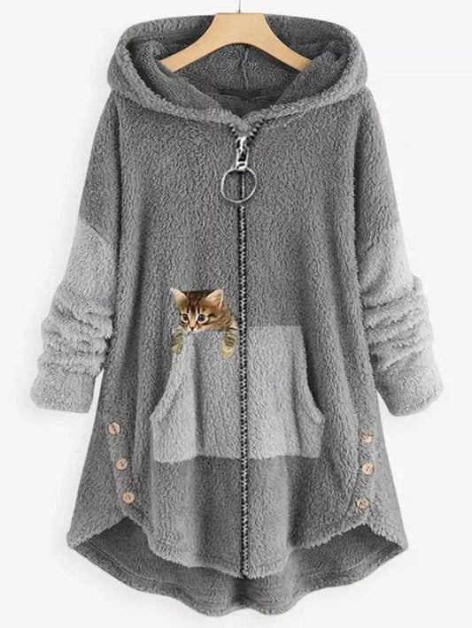 Charlotte® | Manteau à capuche confortable et duveteux avec imprimé chat et poches boutonnées