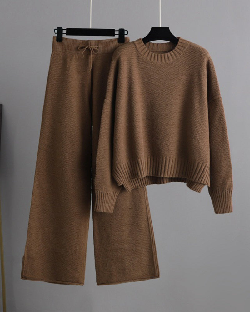 casual knit two piece set loose fit sweater and wide leg pants