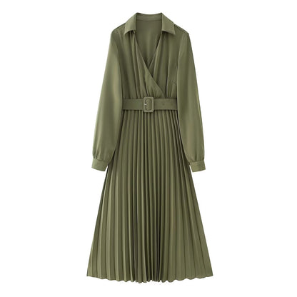 Winter Elegance: V-Neck Belted Pleated Dress for Women    