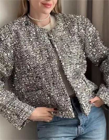 Sequined Slim Blazer for Women's Autumn and Winter Wardrobe    