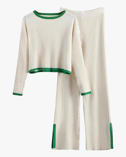 knit two piece outfit color block cropped top long pants ribbed sweater set