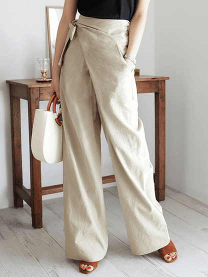 Women's Asymmetrical Bandage Design Wide Leg Pants - Solid Color, Breathable Fabric - MRSLM