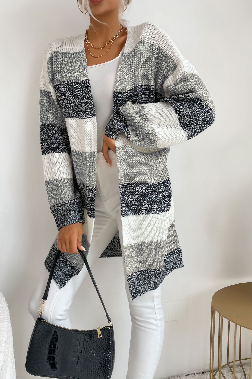 Striped Long Sleeve Duster Cardigan - Belle Donne Clothing & Accessories