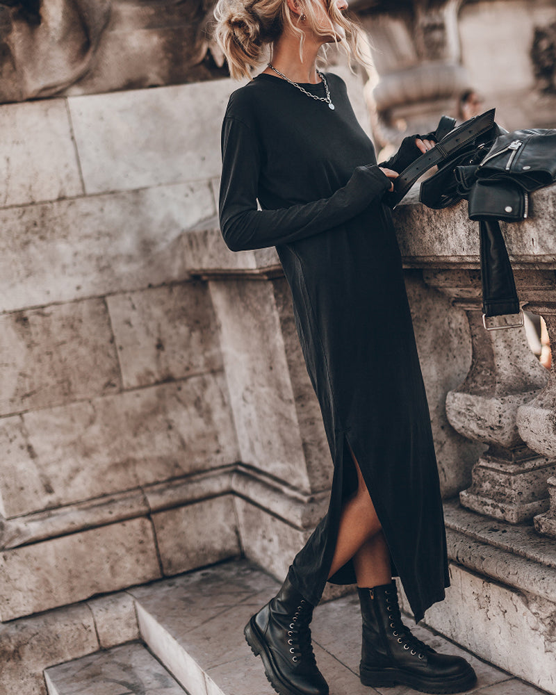 Round Neck Slit Long Dress Black 2023 f/w 23BF casual dresses Clothes Dresses