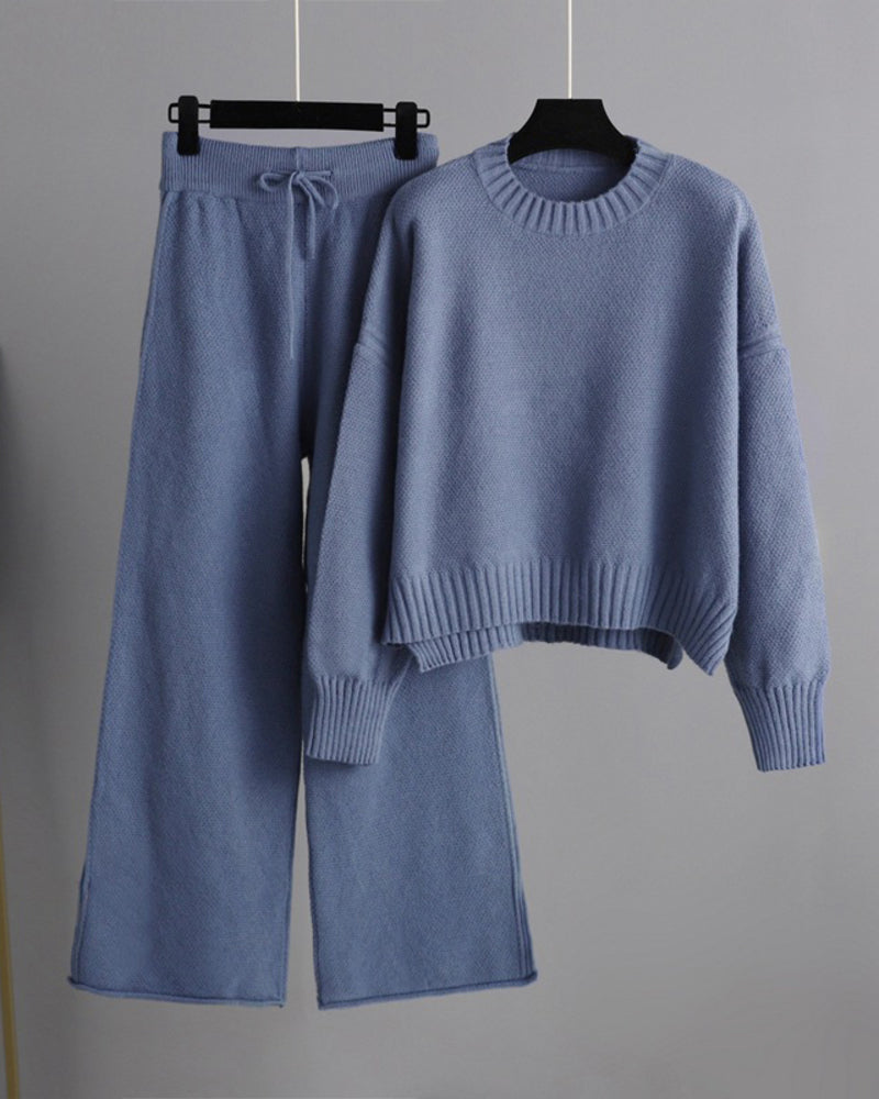 casual knit two piece set loose fit sweater and wide leg pants