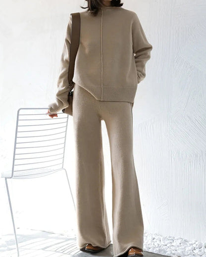 lounge set casual side slit knitted sweater pullover top wide leg pants two pieces tracksuit