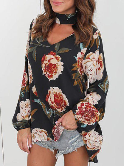 Autumn Flower Print Long Sleeve Loose T-shirt - Landing Closet