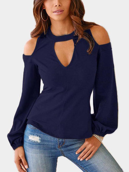 Blue Cut Out Cold Shoulder Long Sleeves Top - Landing Closet