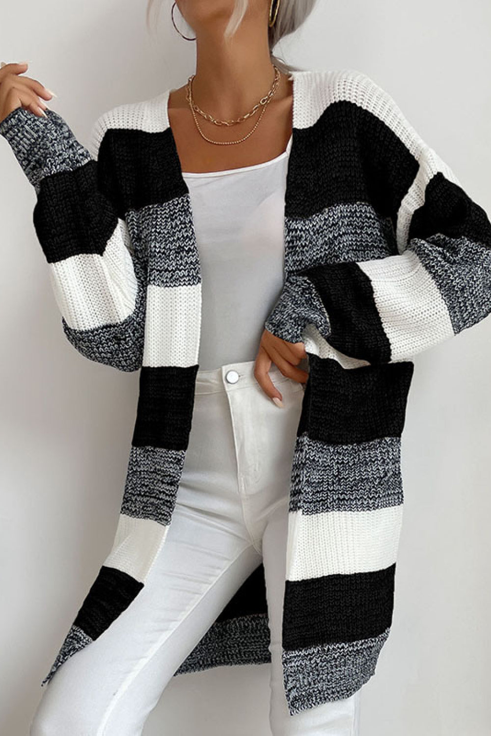 Striped Long Sleeve Duster Cardigan - Belle Donne Clothing & Accessories