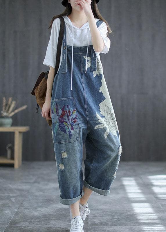 Art Navy Print Retro Hole Pockets Overall Jumpsuit Summer GK-JPTS210708