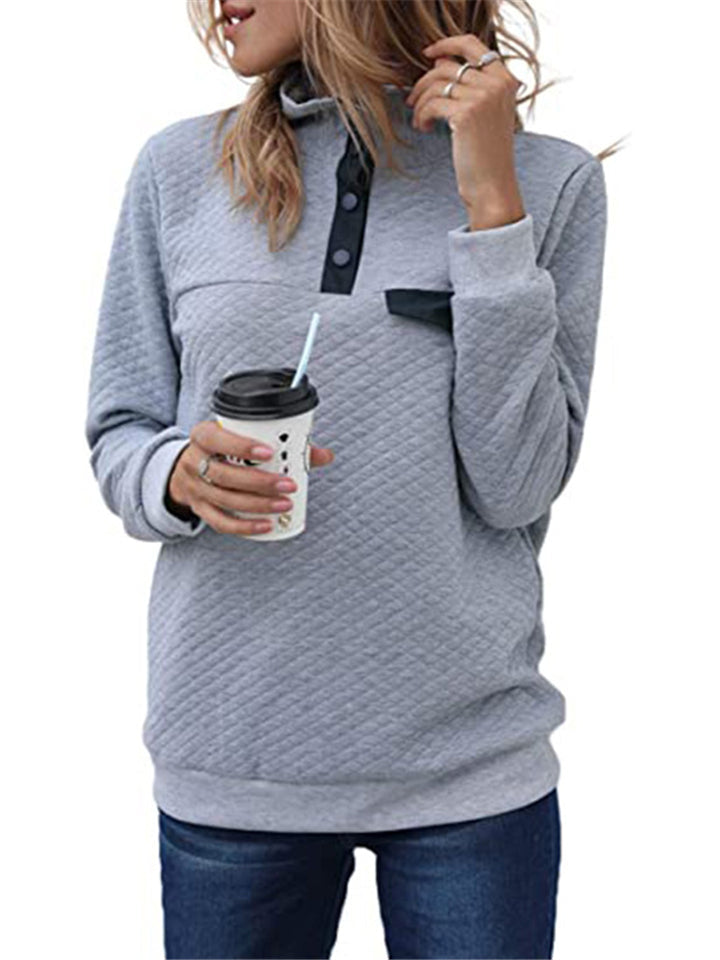 High-Neck Buttons Long Sleeve Solid Color Tops Shopvhs.com