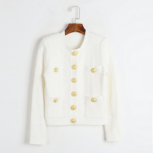 Crew Neck Cardigan With Ornate Gold Buttons