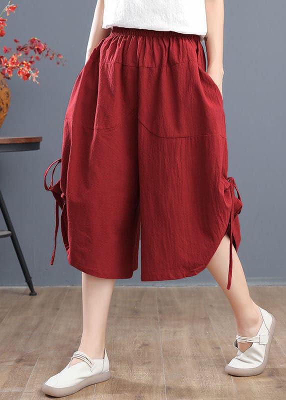 Plus Size Red Elastic Waist Drawstring Cotton Crop Pants Summer GK-CPTS220623