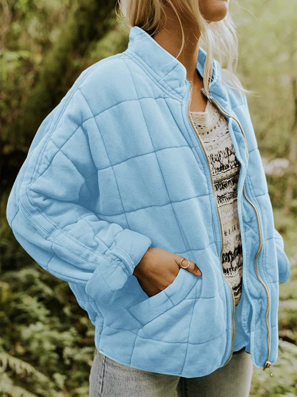 Quilted Jackets- Solid Cotton Blend High Neck Zip-Up Quilted Jacket- - Pekosa Women Clothing