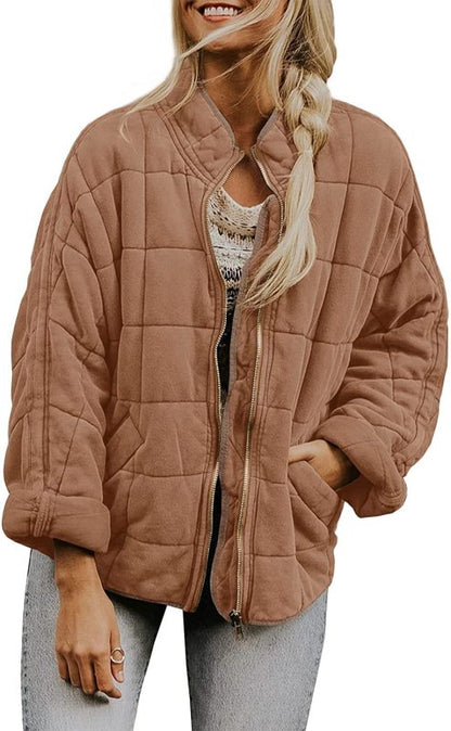 Quilted Jackets- Solid Cotton Blend High Neck Zip-Up Quilted Jacket- - Pekosa Women Clothing