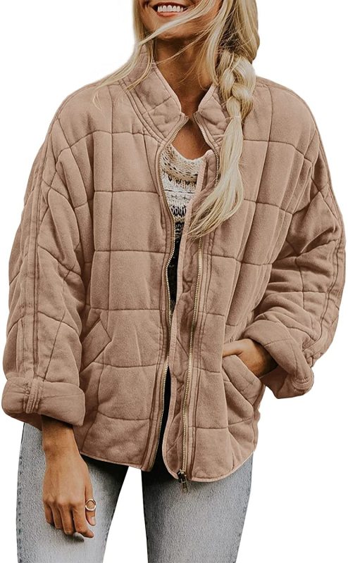 Quilted Jackets- Solid Cotton Blend High Neck Zip-Up Quilted Jacket- - Pekosa Women Clothing