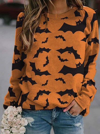 T-Shirts - Bat Print Comfortable Round Neck Long Sleeve T-Shirts - MsDressly