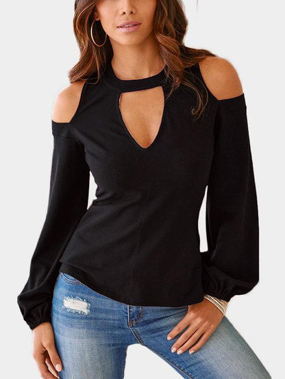 Firebrick Cut Out Cold Shoulder Long Sleeves Top - Landing Closet