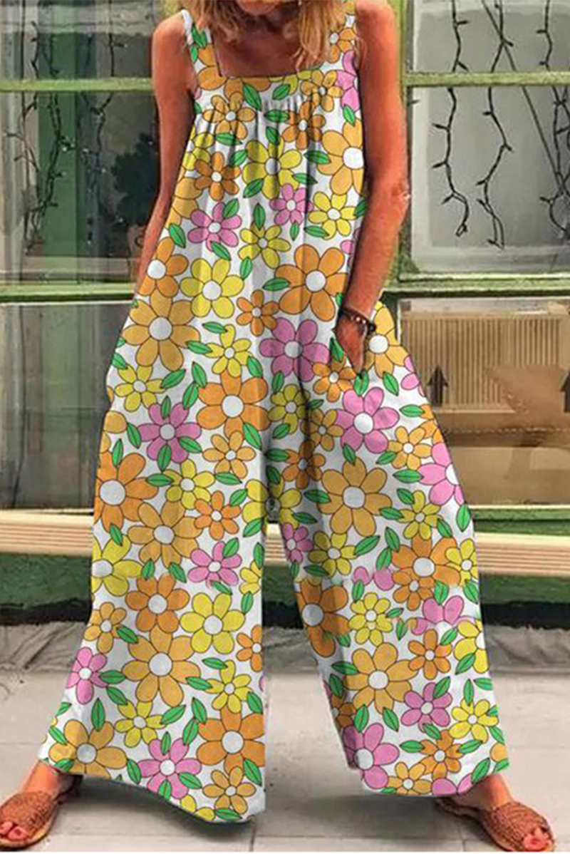 Yellow Casual Print Split Joint Square Collar Straight Jumpsuits