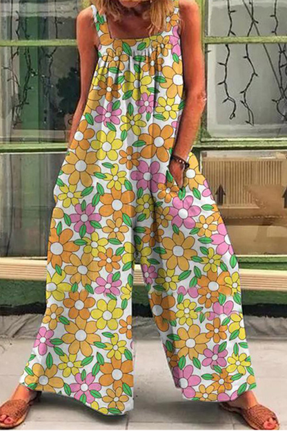 Yellow Casual Print Split Joint Square Collar Straight Jumpsuits