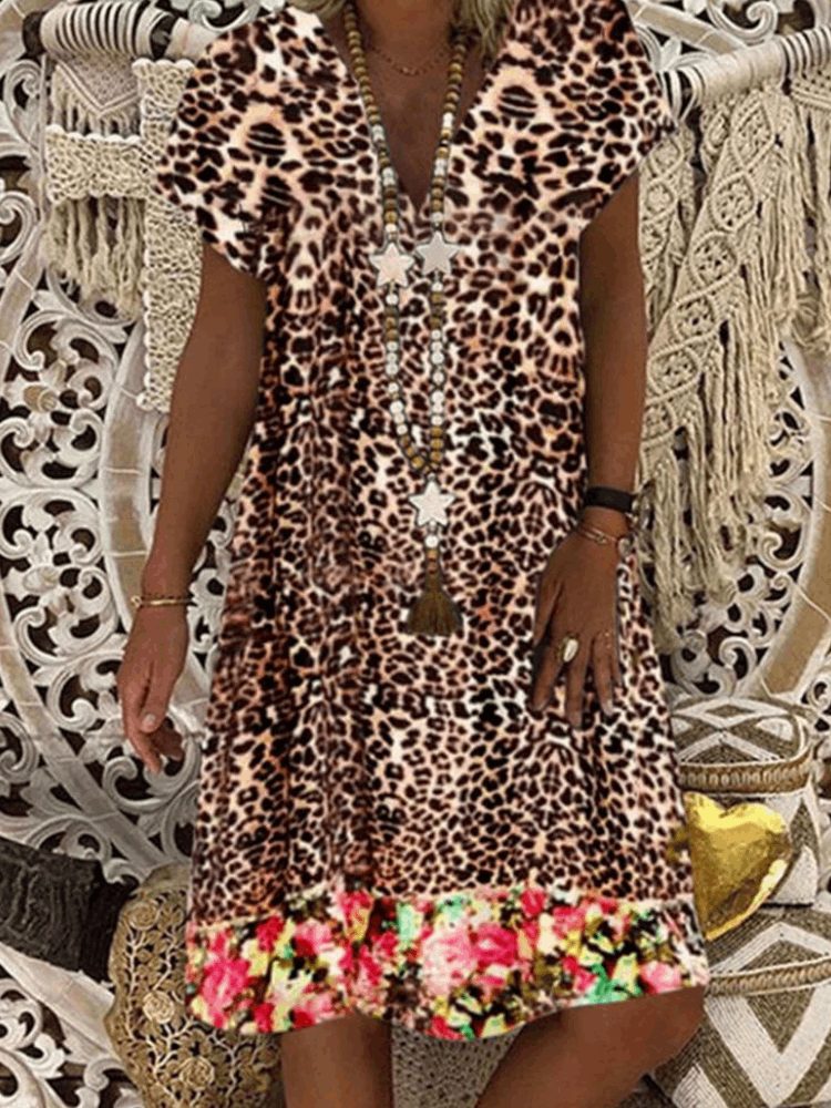 Leopard Floral Print V-neck Casual Short Sleeve Women Midi Dress