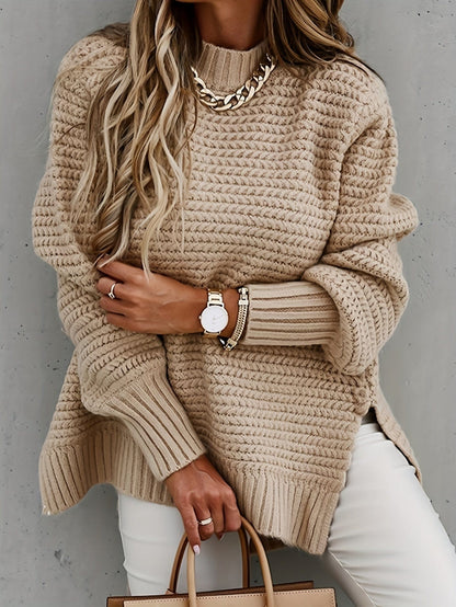 Casual Chunky Knit Mock Neck  Long Sleeve Split Pullover Sweater