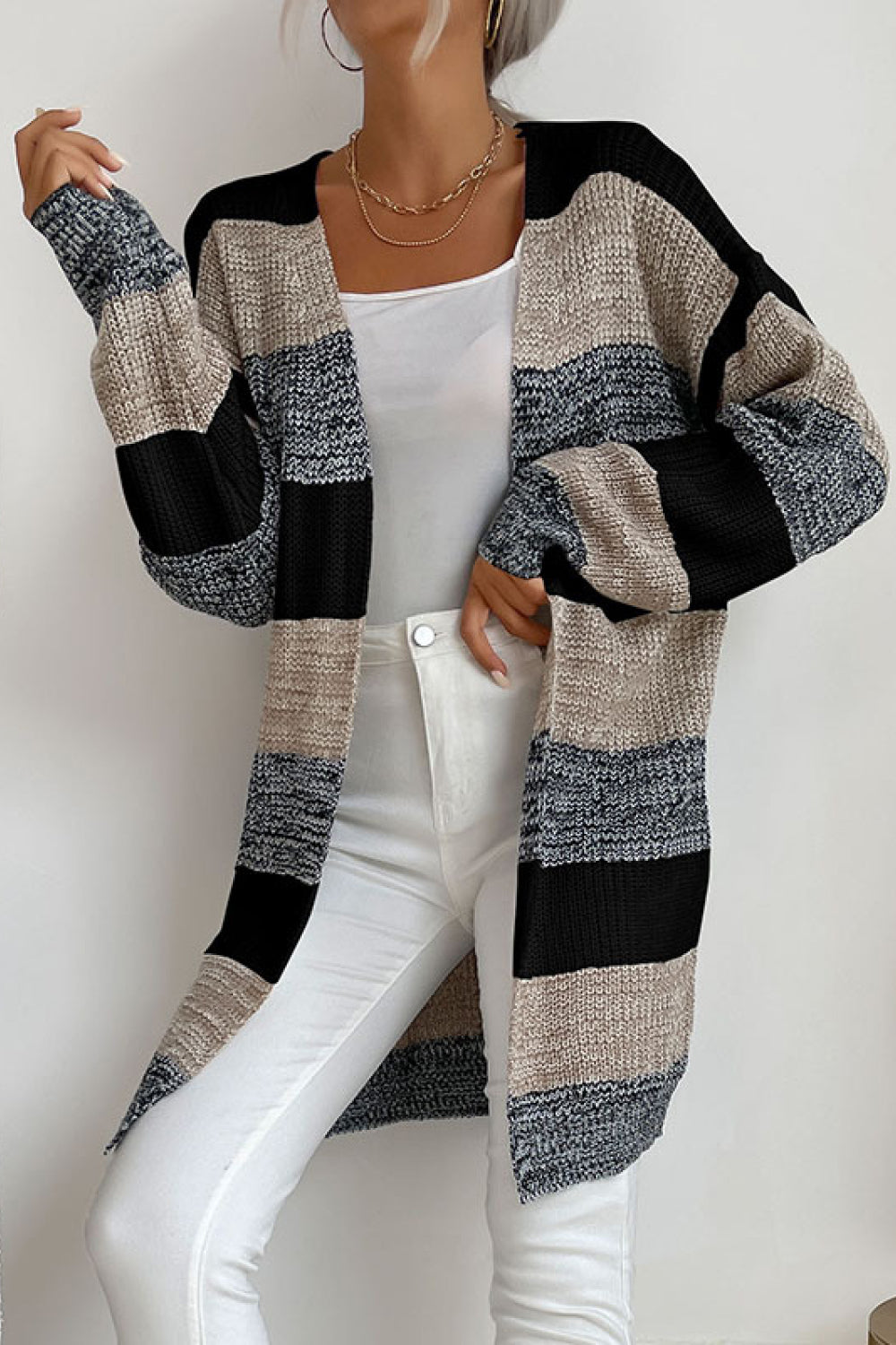 Striped Long Sleeve Duster Cardigan - Belle Donne Clothing & Accessories