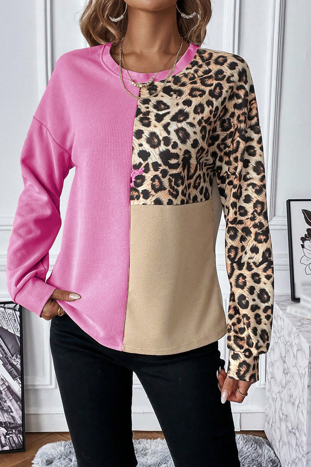 Leopard Colorblock Waffle Knit Top - Long Sleeve Tops - Sunny Angela