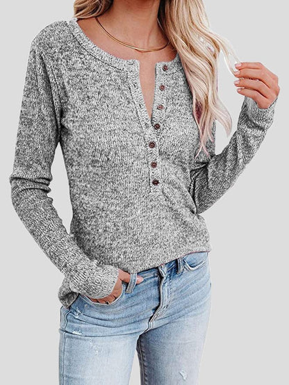 T-Shirts - Casual Round Neck Button Long Sleeve T-Shirt - MsDressly