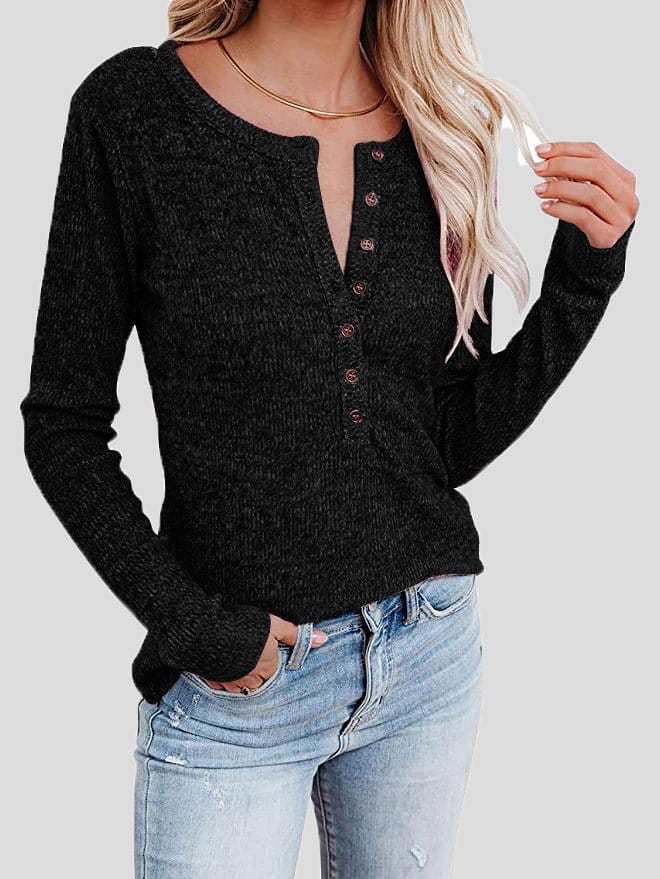 Casual Round Neck Button Long Sleeve T-Shirt