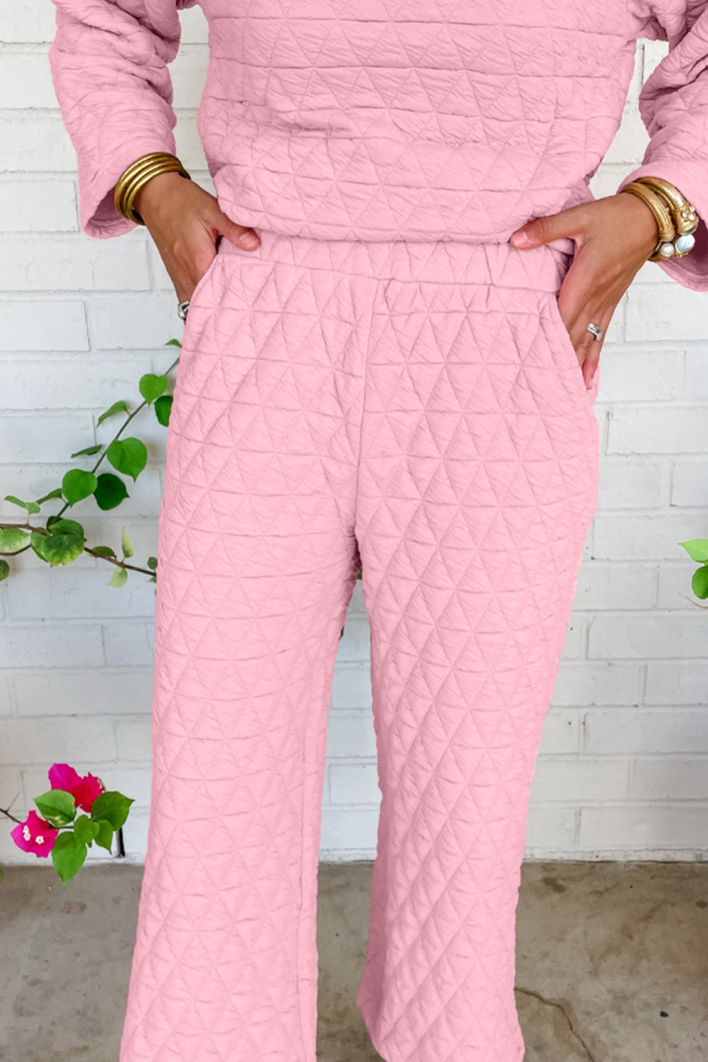 Solid Quilted Pullover and Pants Outfit - Two Piece Sets - Sunny Angela