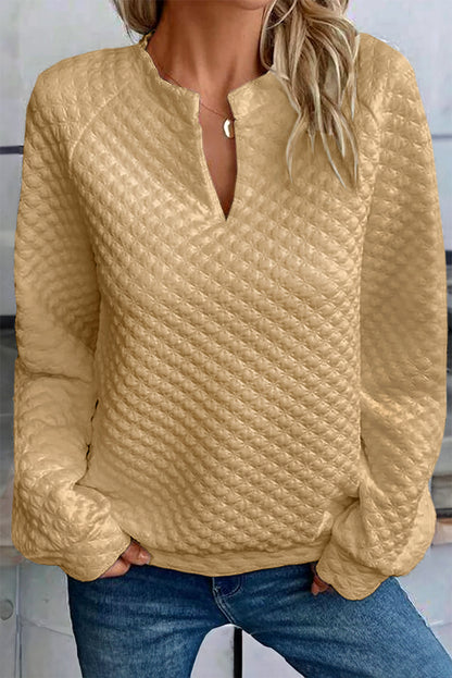 Split Neck Quilted Long Sleeve Top - Tops - Sunny Angela