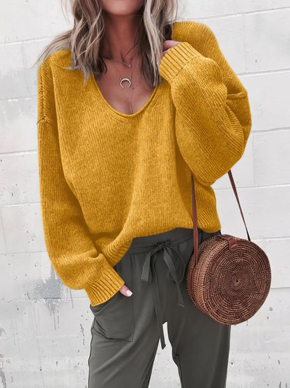 Sweaters - V-Neck Long Sleeve Solid Loose Knit Sweater - MsDressly