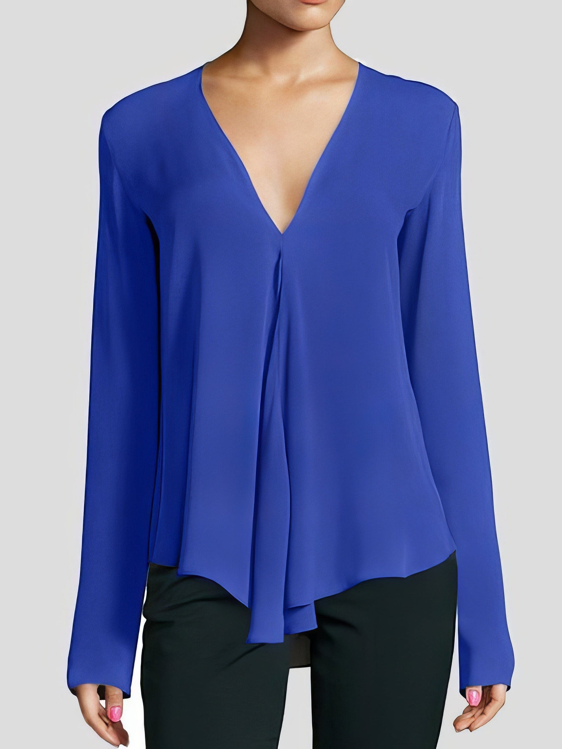 V-neck Long-sleeved Chiffon Solid Blouse - Drop Shoulder - Closed - Shirt