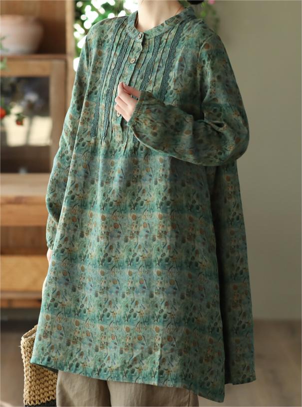 Women Vintage Printed Linen Midi Shirts