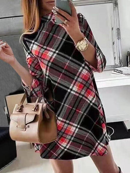 Women's Dresses Check Print Long Sleeve Mini Dress - MsDressly