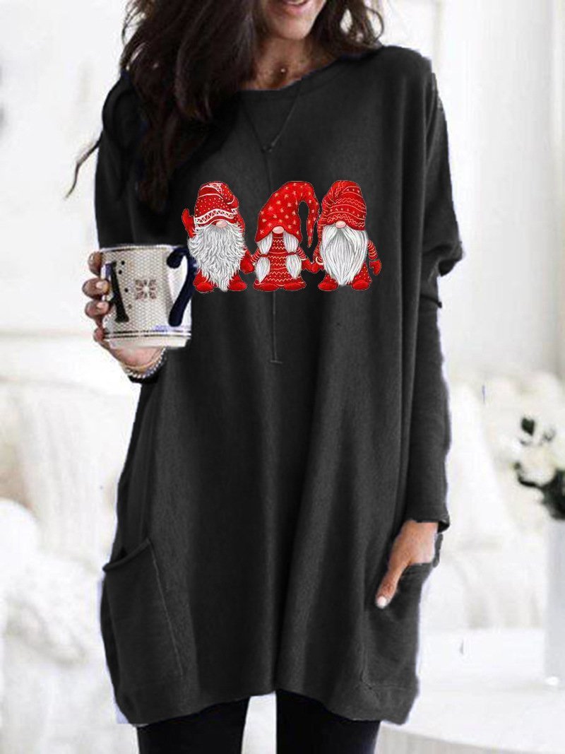 Women's Dresses Santa Claus Print Round Neck Pocket Long Sleeve Dress - Mini Dresses - INS | Online Fashion Free Shipping Clothing, Dresses, Tops, Shoes - 12/11/2021 - 20-30 - Casual Dresses