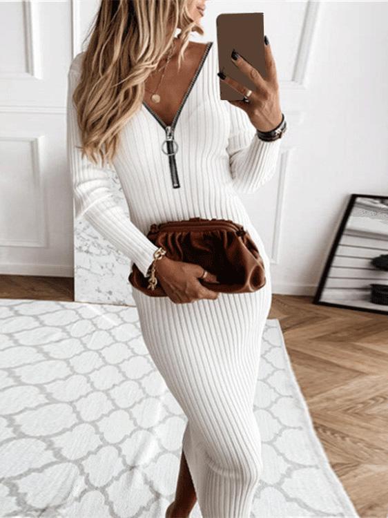 Women's Dresses Slim Fit Zip V-Neck Long Sleeve Dress - Midi Dresses - INS | Online Fashion Free Shipping Clothing, Dresses, Tops, Shoes - 20-30 - 30/08/2021 - Category_Midi Dresses