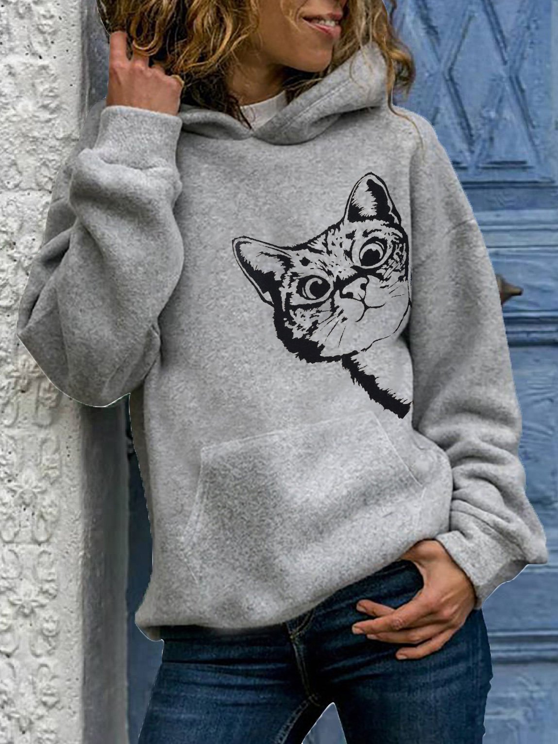 Women's Hoodies Cat Print Pocket Long Sleeve Hoodie - Hoodies - Instastyled | Online Fashion Free Shipping Clothing, Dresses, Tops, Shoes - 08/12/2021 - 10-20 - color-gray