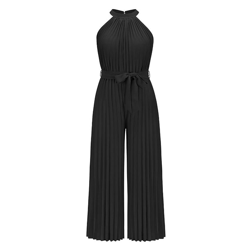 Women's Lace-Up Halter Casual Wide-Leg Jumpsuit Black __stock:200 casual dresses clothes dresses refund_fee:1200