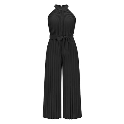 Women's Lace-Up Halter Casual Wide-Leg Jumpsuit Black __stock:200 casual dresses clothes dresses refund_fee:1200