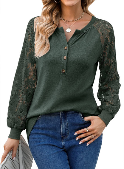 Women’s T-Shirts Long Sleeve Lace V Neck Button Loose T-Shirt - MsDressly