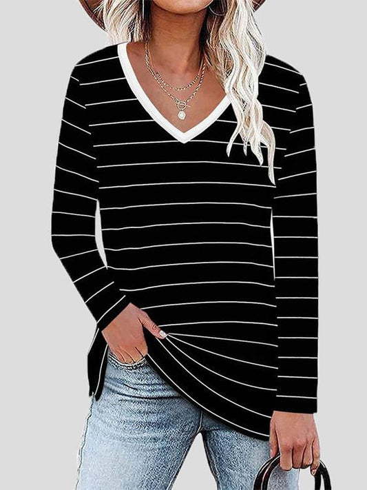 Women's T-Shirts Long Sleeve V-Neck Striped Casual T-Shirt - T-Shirts - INS | Online Fashion Free Shipping Clothing, Dresses, Tops, Shoes - 10/09/2021 - 20-30 - Category_T-Shirts