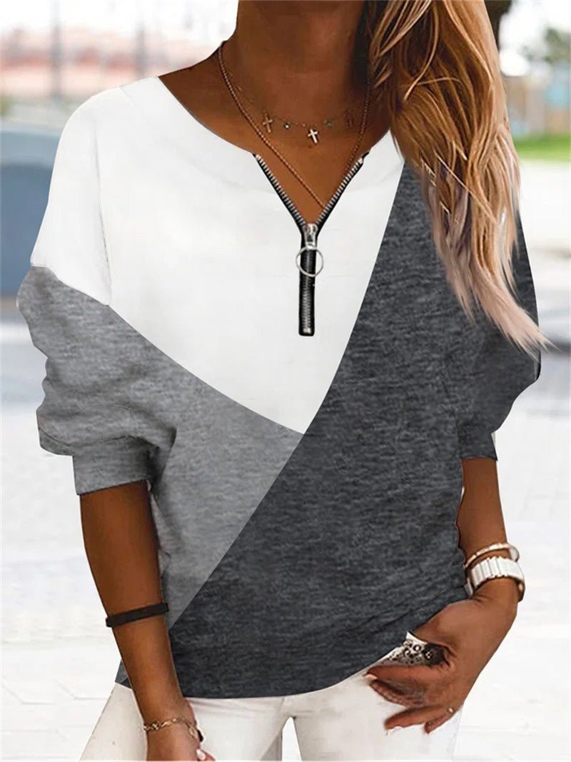 Women's T-Shirts Loose V-Neck Zippered Long Sleeve T-Shirt - T-Shirts - Instastyled | Online Fashion Free Shipping Clothing, Dresses, Tops, Shoes - 26/08/2022 - 30-40 - color-blue