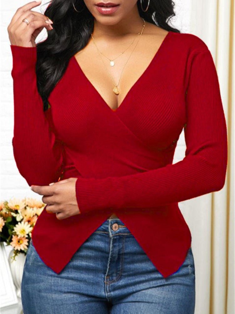 Women's T-Shirts V-Neck Crossover Slim Long Sleeve Slit T-Shirts - T-Shirts - Instastyled | Online Fashion Free Shipping Clothing, Dresses, Tops, Shoes - 14/01/2022 - 20-30 - color-black