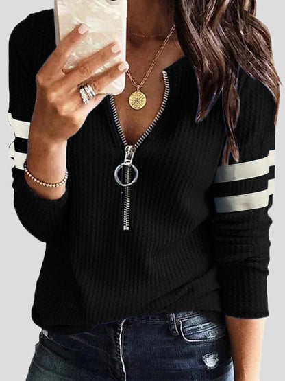 Women's T-Shirts Zipper V-Neck Stitching Long Sleeve T-Shirt - T-Shirts - INS | Online Fashion Free Shipping Clothing, Dresses, Tops, Shoes - 10/09/2021 - 20-30 - Category_T-Shirts